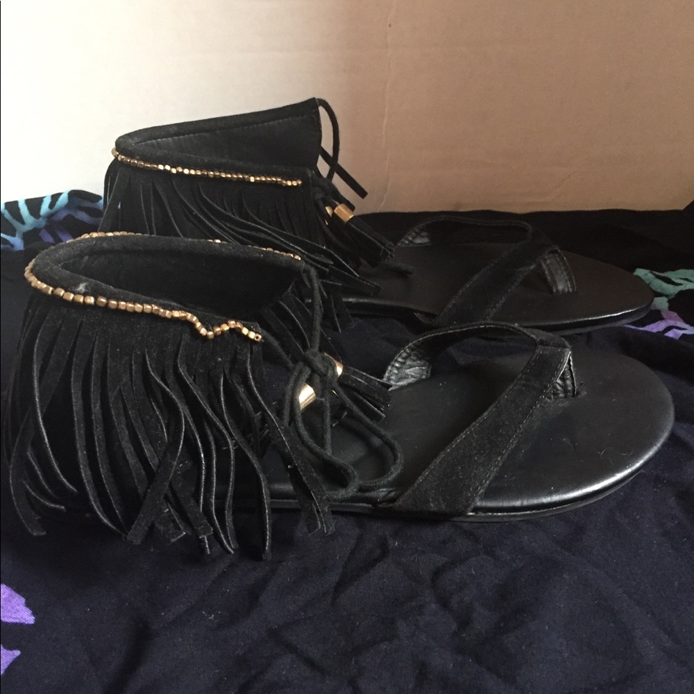 Forever black fringe sandals size 8